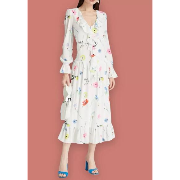 Olivia Rubin Lily White Chiffon Ruffle Floral Midi Dress 6 NWT $560 - Picture 1 of 12